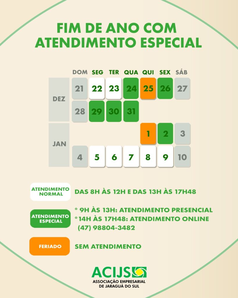 Confira o horário de atendimento de fim de ano na ACIJS